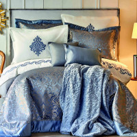 Набор постельное белье с покрывалом + плед Karaca Home - Queen safir синий евро