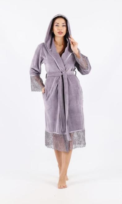 Халат велюровий з мереживом Nusa NS 0539 Lila