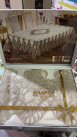 Велюровая скатерть Haspen Mevsim 160x220 см с гипюром бежевая