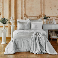 Набор постельное белье с покрывалом + плед Karaca Home Adrila silver серебро евро