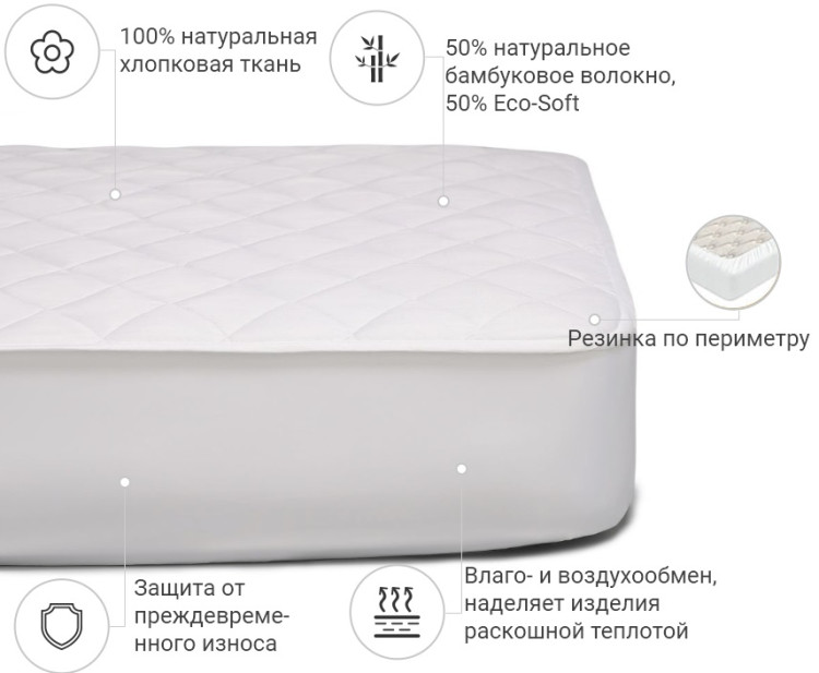 Наматрасник Mirson Natural Line Стандарт Bamboo 200x200 см, №969 (обычный с резинкой по периметру)