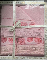 Набір махрових рушників Sikel із 3-х шт. з мереживом рожевий з листочками