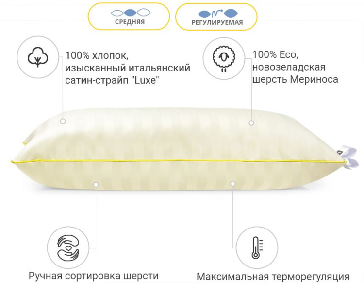 Подушка вовняна Mirson Carmela Hand Made Новозеландська вовна 40x60 см, №925, середня
