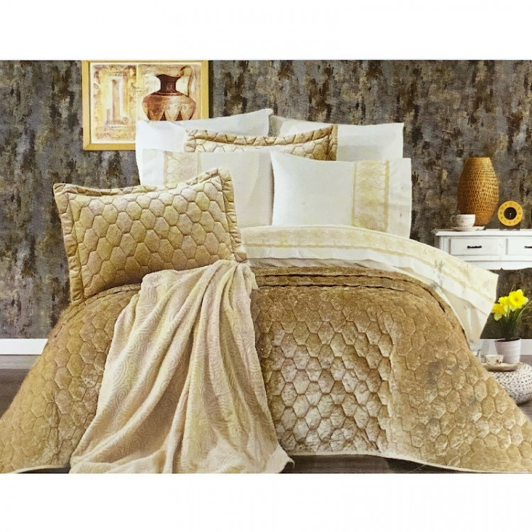 Набор постельное белье Naturel Orkide Beige евро с пледом и покрывалом