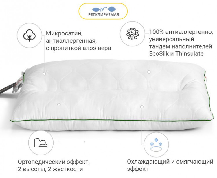 Подушка ортопедична Mirson DeLuxe Aloe Vera 50x70 см, №180 середня