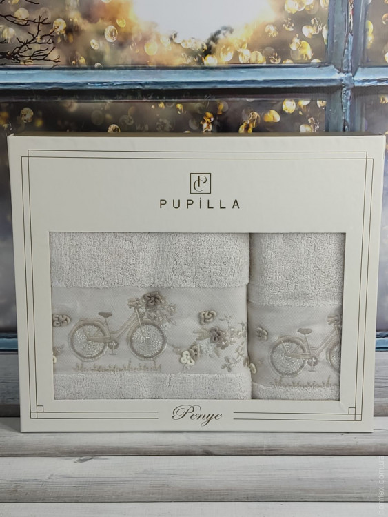 Набор махровых полотенец Pupilla из 2-х штук 50х90 см + 70х140 см с 3Д вышивкой, модель 16