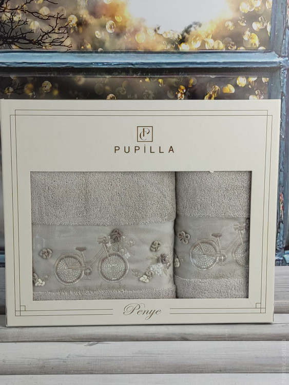 Набор махровых полотенец Pupilla из 2-х штук 50х90 см + 70х140 см с 3Д вышивкой, модель 17