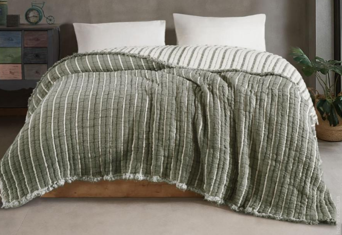 Муслинове покривало Moss Home 230x250 см Вузька смужка оливка крем