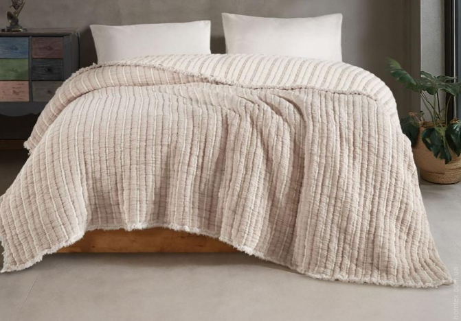 Муслинове покривало Moss Home 230x250 см Вузька смужка світлий беж-крем