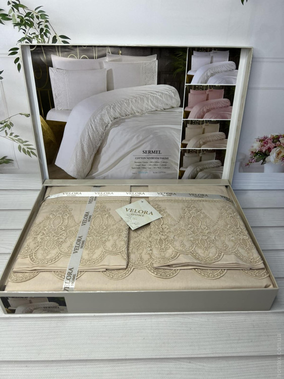 Постільна білизна з мереживом Velora Home Sermel bej євро