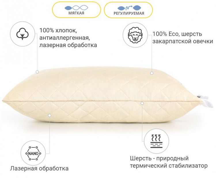 Подушка вовняна Mirson Carmela Premium Укр вовна 40x60 см, №1216, м'яка