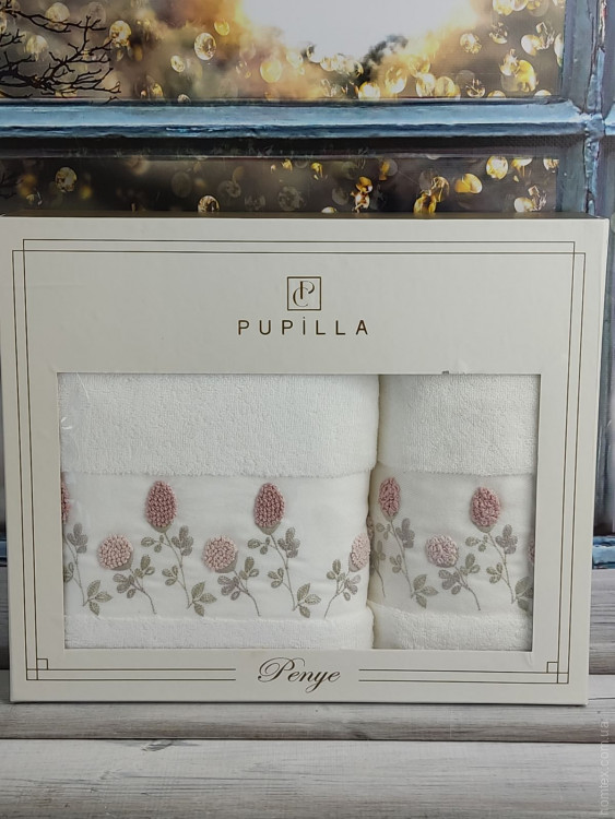 Набор махровых полотенец Pupilla из 2-х штук 50х90 см + 70х140 см с 3Д вышивкой, модель 22