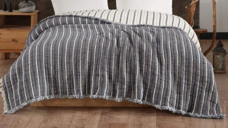 Муслиновое покрывало Moss Home 230x250 см Узкая полоска антрацит - крем