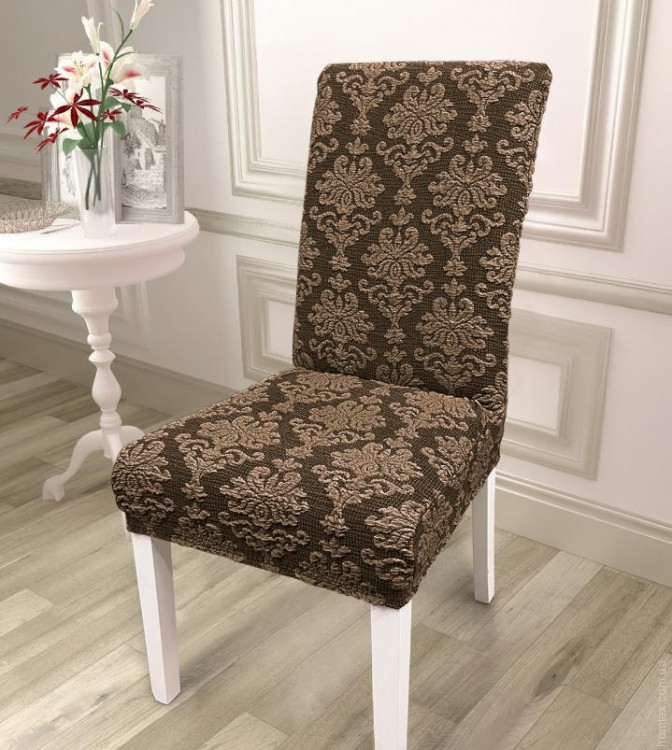 Чехол на стул универсальный жаккардовый без оборки Love You коричневый
