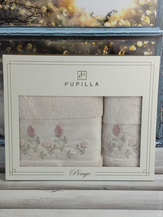 Набор махровых полотенец Pupilla из 2-х штук 50х90 см + 70х140 см с 3Д вышивкой, модель 24