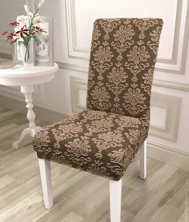 Чехол на стул универсальный жаккардовый без оборки Love You кофейный