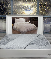 Покривало з наволочками та простирадлом Sahra 240х260 см оксамитовим мереживом сіре Покривало з наволочками та простирадлом Sahra 240х260 см оксамитовим мереживом сіре