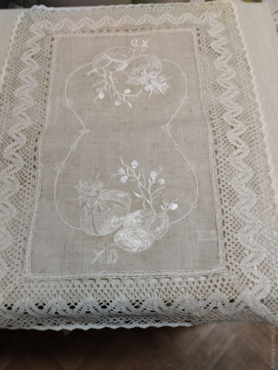 Салфетка пасхальная льняная с вышивкой и кружевом Alltex 40x60 см, модель 15