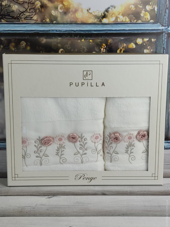 Набор махровых полотенец Pupilla из 2-х штук 50х90 см + 70х140 см с 3Д вышивкой, модель 26