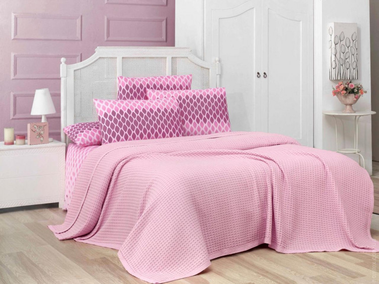 Комплект постельного белья с вафельным покрывалом Ранфорс 200*240 Pike Set (ТМ IPEXI) в сумке, розовая