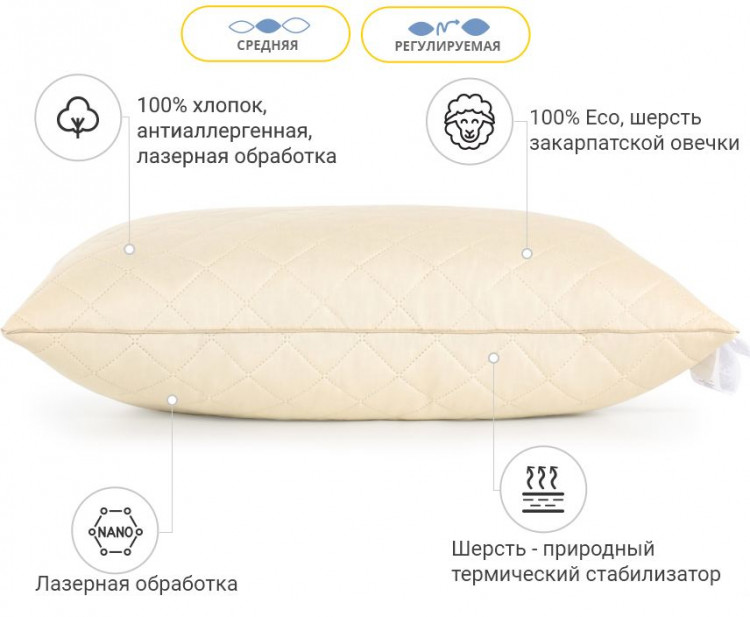 Подушка шерстяная Mirson Carmela Premium Укр шерсть 50x70 см, №125, средняя