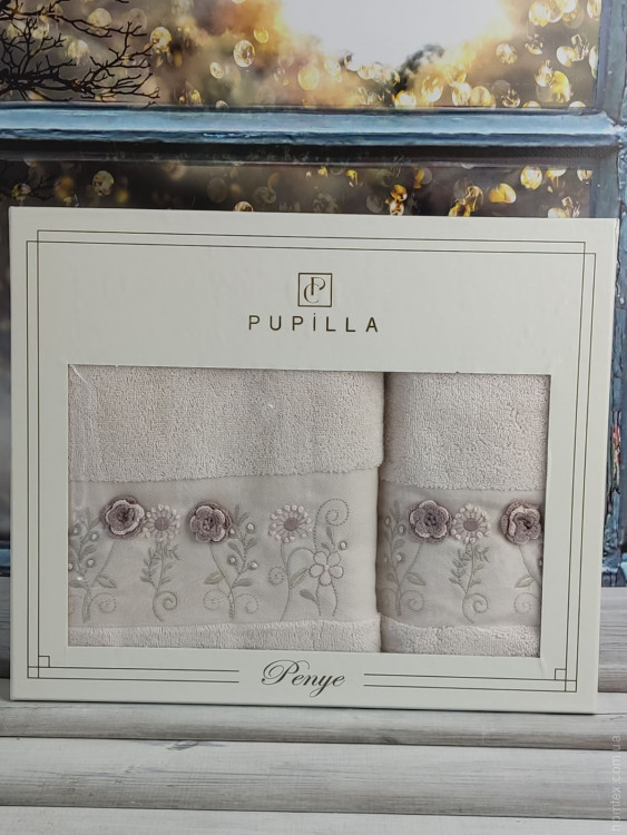 Набор махровых полотенец Pupilla из 2-х штук 50х90 см + 70х140 см с 3Д вышивкой, модель 29