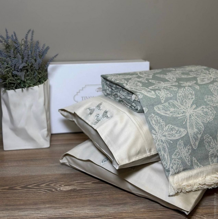 Постельное белье с покрывалом-пике Tivolyo Home Pike Papillon Yesil (зеленое) евро
