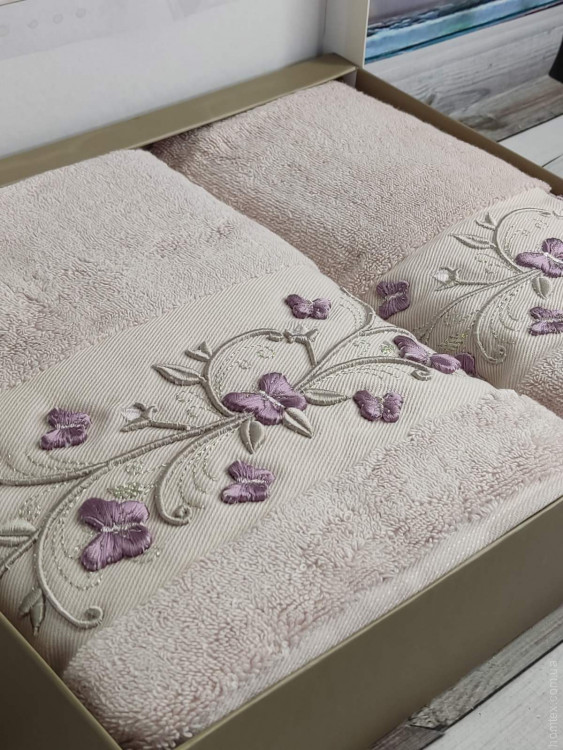 Набор махровых полотенец Pupilla из 2-х штук 50х90 см + 70х140 см с 3Д вышивкой, модель 30