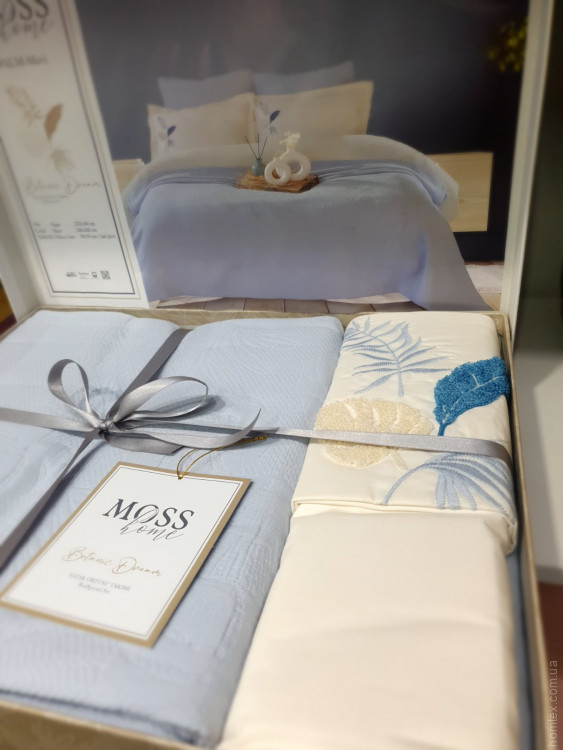 Покривало бавовняне Moss Home Palm блакитне з наволочками та простирадлом