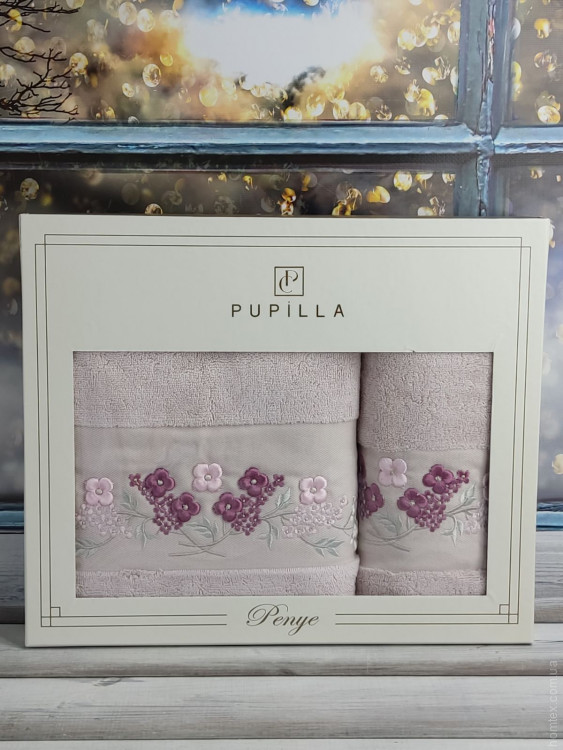 Набор махровых полотенец Pupilla из 2-х штук 50х90 см + 70х140 см с 3Д вышивкой, модель 32
