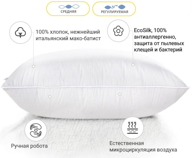 Подушка антиаллергенная Mirson Luxury Exclusive EcoSilk 40x60 см, №1179, средняя