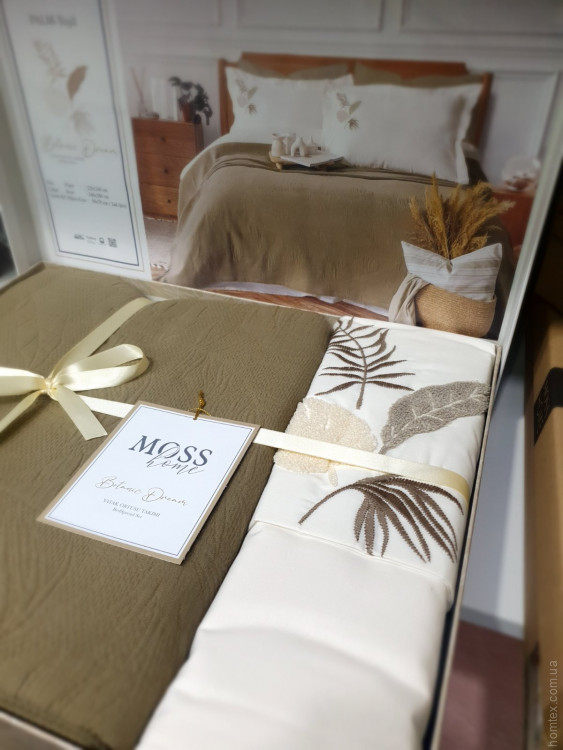Покривало бавовняне Moss Home Palm оливкове з наволочками та простирадлом