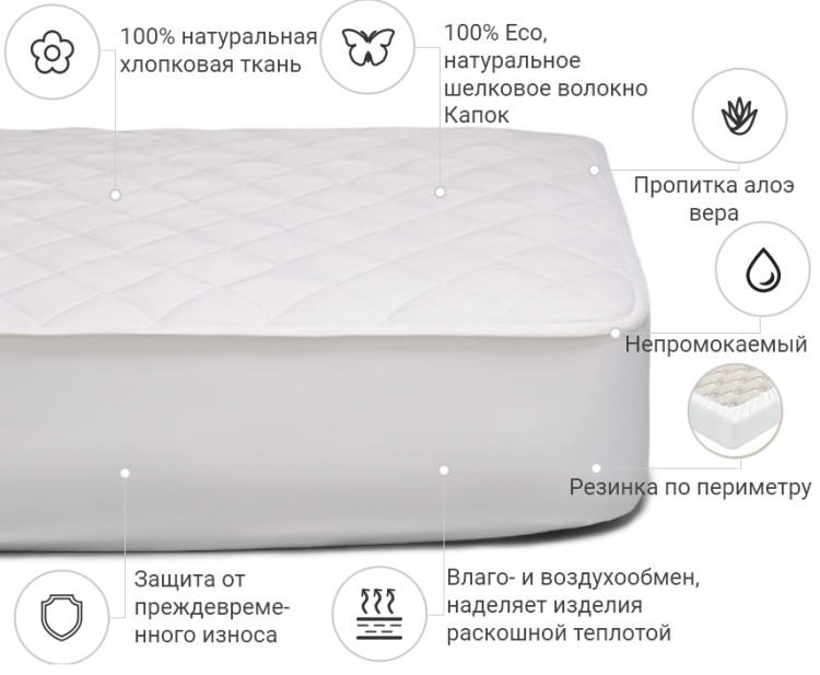 Наматрацник Mirson Natural Line Стандарт Silk Aloe Vera 140x190 см, №979 (водонепроникний з гумкою по периметру)