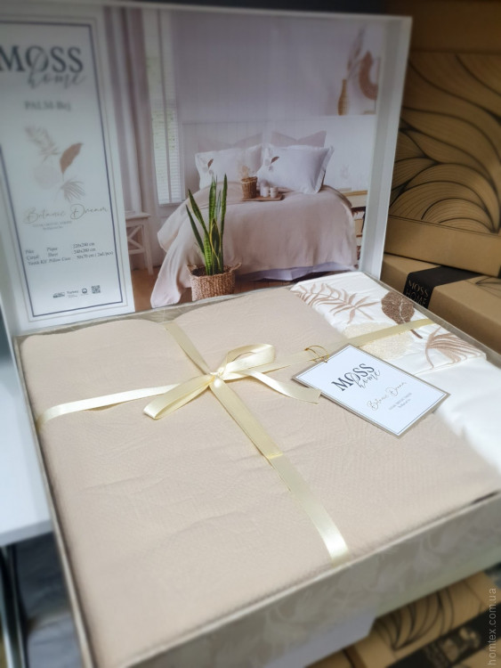 Покривало бавовняне Moss Home Palm бежеве з наволочками та простирадлом