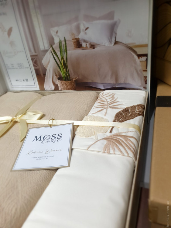 Покривало бавовняне Moss Home Palm бежеве з наволочками та простирадлом