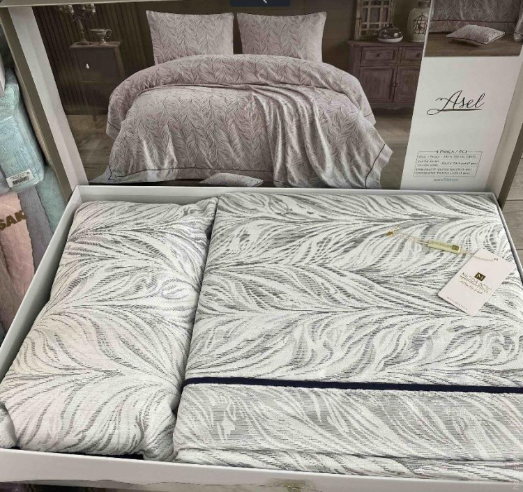 Покривало жакардове Moda Box Asel 240x260 см сіре з наволочками та декоративною подушкою