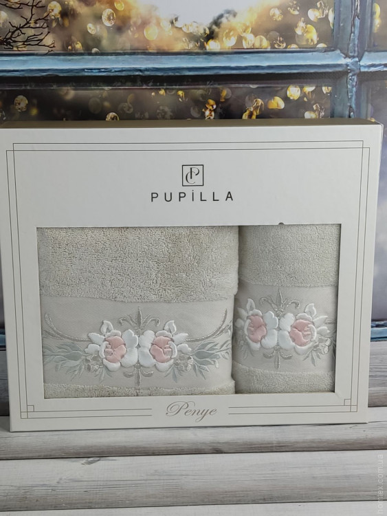 Набор махровых полотенец Pupilla из 2-х штук 50х90 см + 70х140 см с 3Д вышивкой, модель 35
