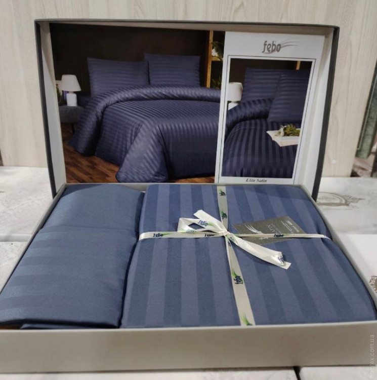 Постільна білизна сатин страйп Febo Elite satin сіро-синє євро