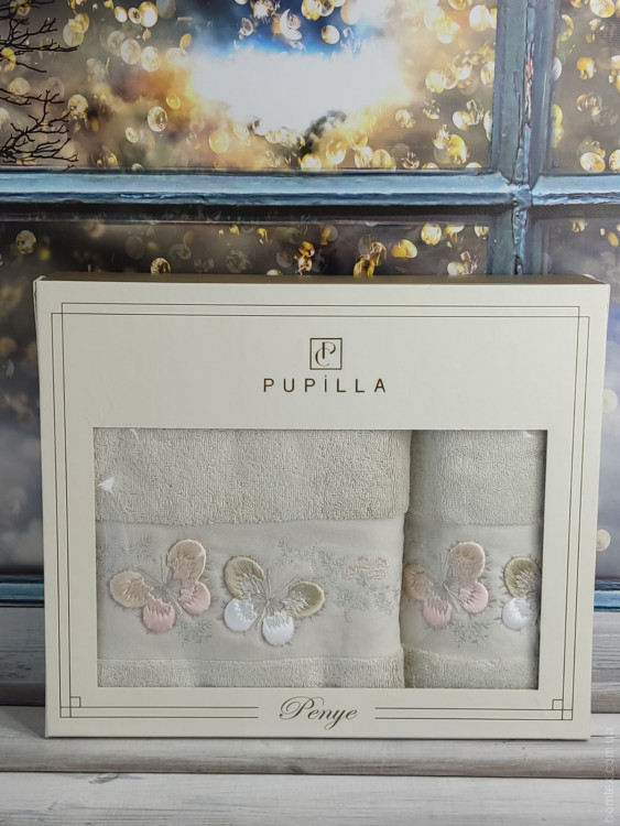 Набор махровых полотенец Pupilla из 2-х штук 50х90 см + 70х140 см с 3Д вышивкой, модель 37