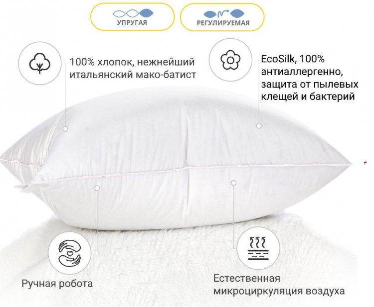 Подушка антиалергенна Mirson Luxury Exclusive EcoSilk 50x70 см, №1180, пружна