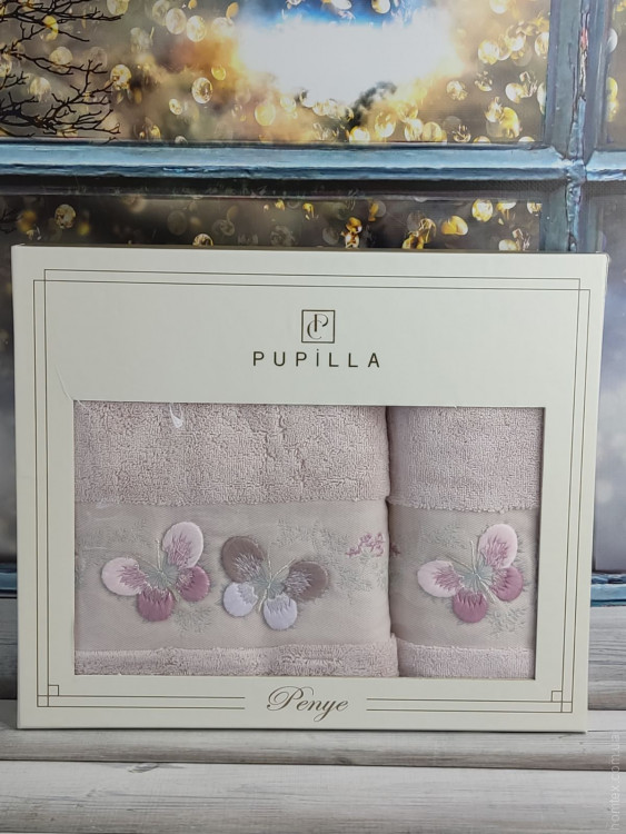 Набор махровых полотенец Pupilla из 2-х штук 50х90 см + 70х140 см с 3Д вышивкой, модель 38