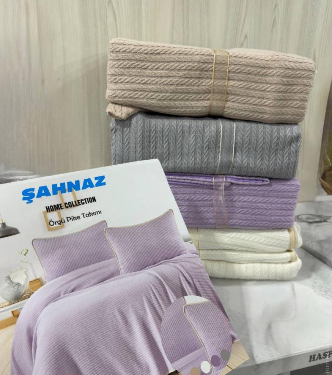 Покрывало - пике хлопковое Sahnaz 220x240 см с наволочками лиловое