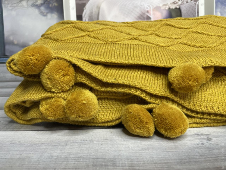 Вязаный плед - покрывало Zeyd Home с помпонами 220x240 см горчичный