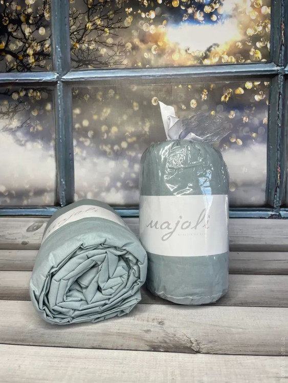 Простынь хлопковая на резинке Majoli с наволочками 180х200 см + резинка серо - мятная