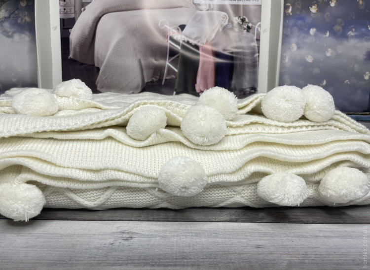 Вязаный плед - покрывало Zeyd Home с помпонами 220x240 см молочный