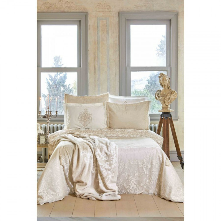 Набор постельное белье с пледом и покрывалом  Karaca Home Desire bej 2020-1 бежевый евро 