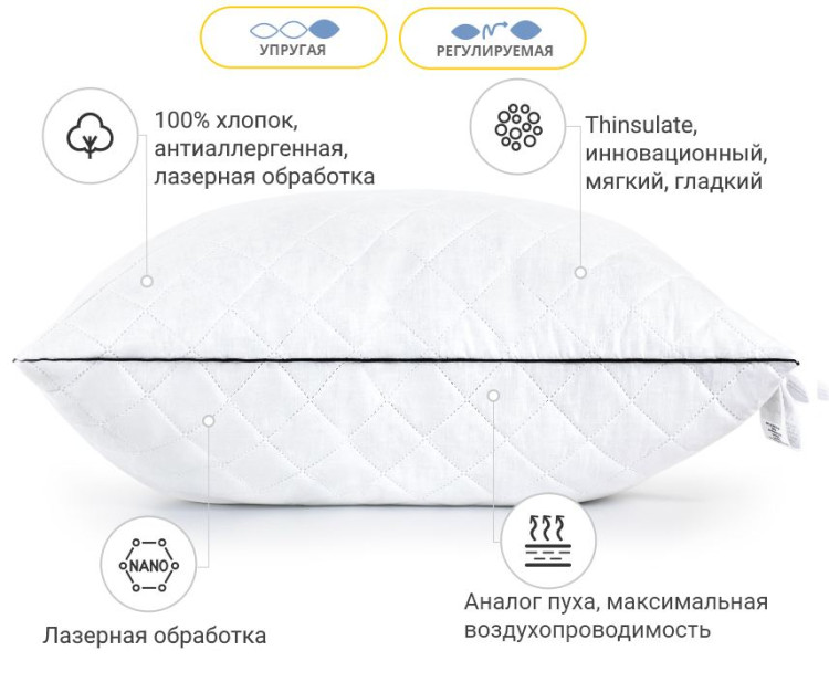 Подушка антиаллергенная Mirson Royal Pearl Thinsulate 40x60 см, №136, упругая