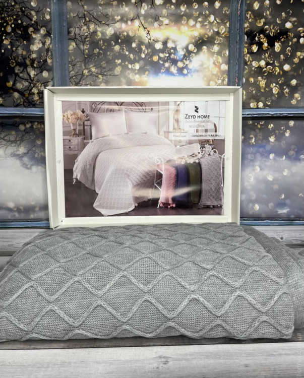 Вязаный плед - покрывало Zeyd Home с помпонами 220x240 см серый