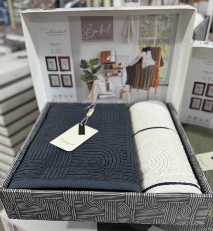 Набір махрових рушників Istanbul Babil з 2-х штук 50х90 см + 90х150 см сірий+молочний Набір махрових рушників Istanbul Babil з 2-х штук 50х90 см + 90х150 см сірий+молочний