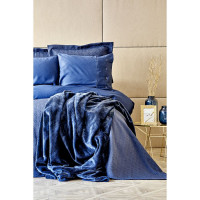Набор постельное белье с пледом и покрывалом  Karaca Home Infinity lacivert 2020-1 синий евро